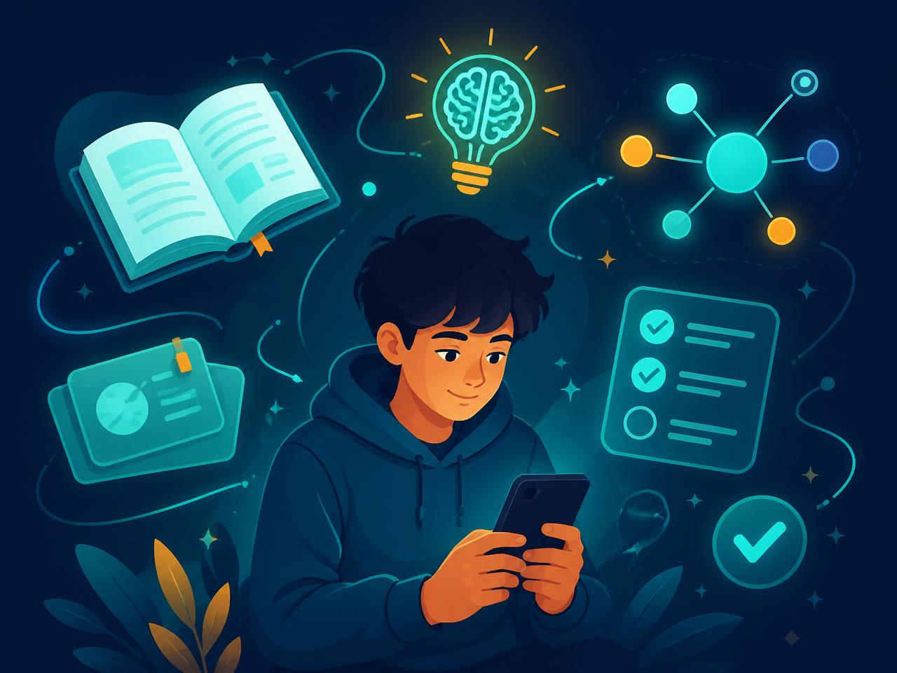 Estudante usando o Genius Studios no celular com flashcards, quizzes e mapas mentais